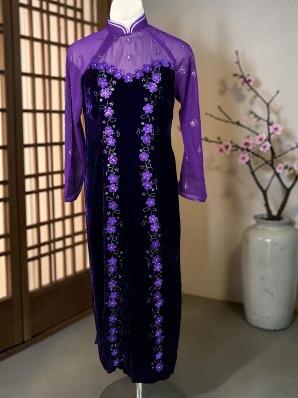 Asian Vietnamese Purple Velvet Floral Cheongsam Qipao Maxi Long Dress NWOT
